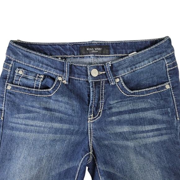 Womens Denim Capri Jeans Embellished Pockets White Stitching Blue Wash - Picture 7 of 13